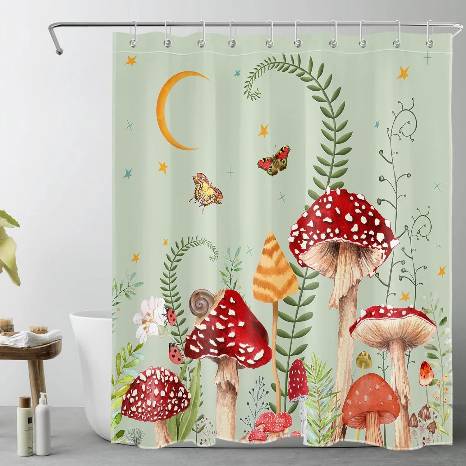 Mushroom Shower Curtain Butterfly Floral Boho Moon and Stars Shower