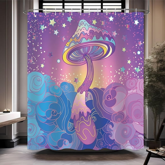 Mushroom Shower Curtain Cartoon Enchanted Fantasy Fairy Tale Plant for Bathroom Purple Fantasy Shower Curtains Stars Moon Decor Set with 12 Hooks 72x72 inches