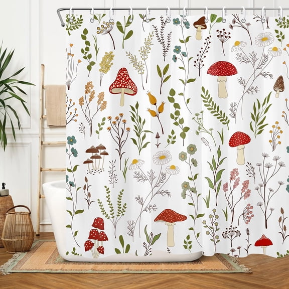 Mushroom Shower Curtain Cute Floral Plant Shower Curtain Green Leaves Flower Polyester Bathroom Decor White Shower Curtains Set
