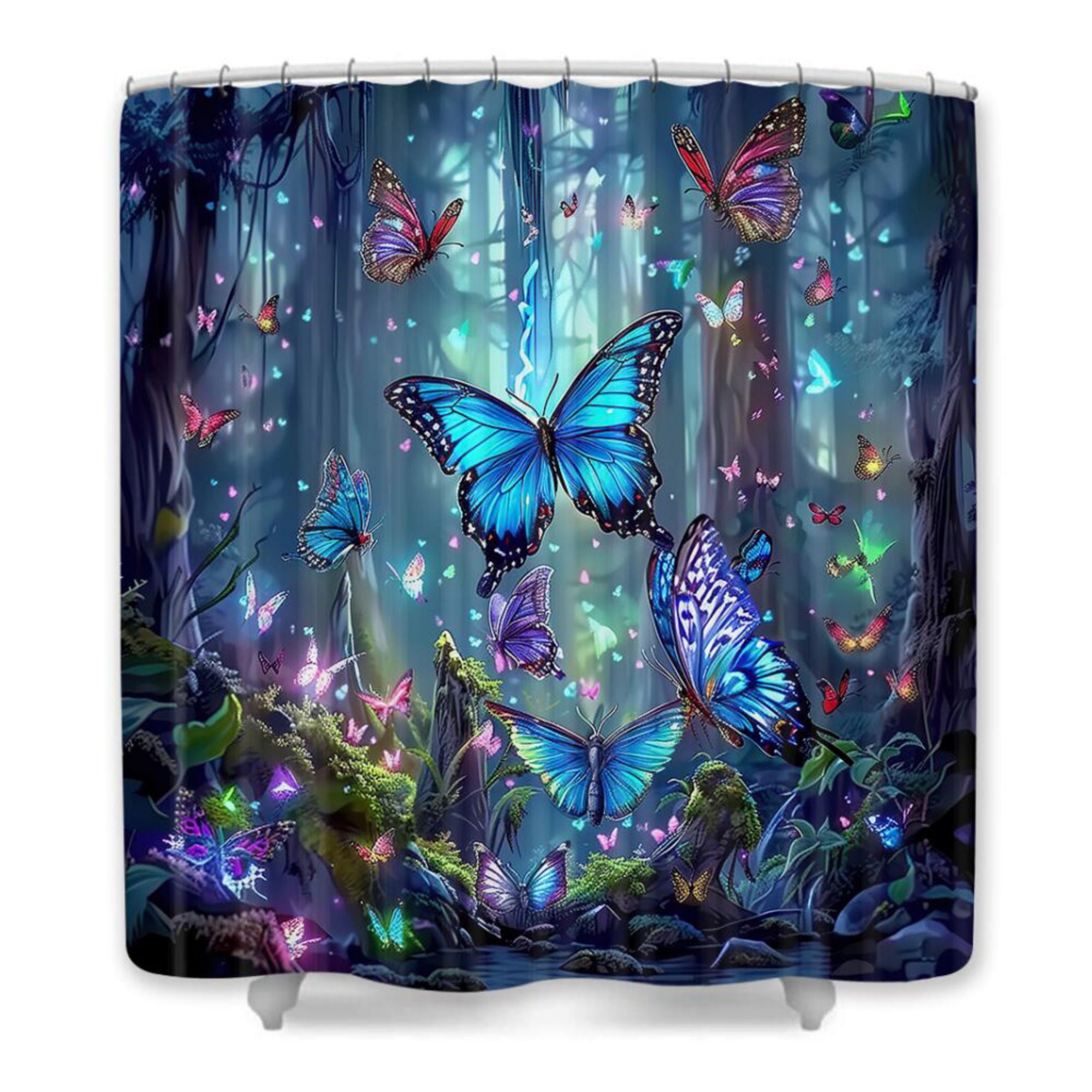 Mushroom Shower Curtain, Enchanted Forest Mushrooms Fireflies Butterflies Shower Curtains Set, Trippy Fairy Tale Woodland Bathroom Curtain with Hooks