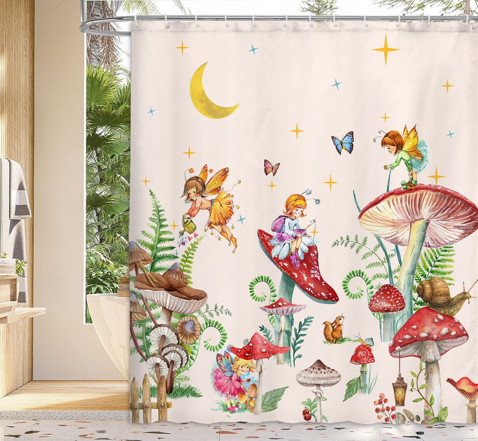 Mushroom Shower Curtain, Fairy Moon Stars Plant Boho Theme Waterproof