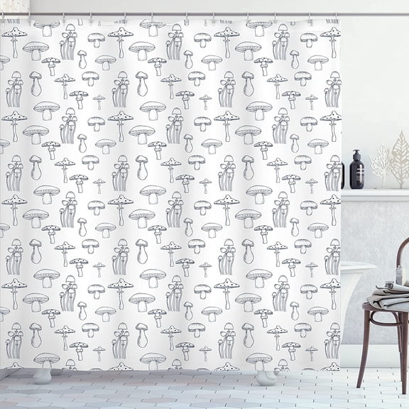 Mushroom Shower Curtain, Monochrome Digital Pencil Drawing Magic Garden Produce Sketch Illustration Print, Cloth Fabric Bathroom Decor Set with Hooks, 69" W x 84" L, Dark Petrol