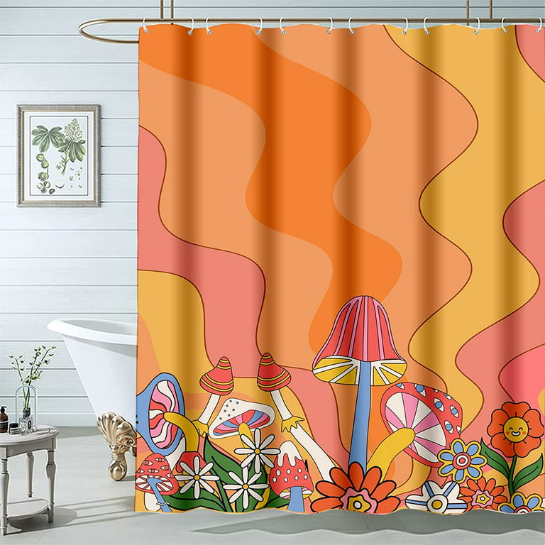 Mushroom Shower Curtain Retro Shower Curtain Vintage Shower Curtains 66x72  Inch 72s Shower Curtain Abstract Groovy Hippie Aesthetic Floral Orange Cute  Bath Decor Waterproof Polyester Fabric 12 Hooks 