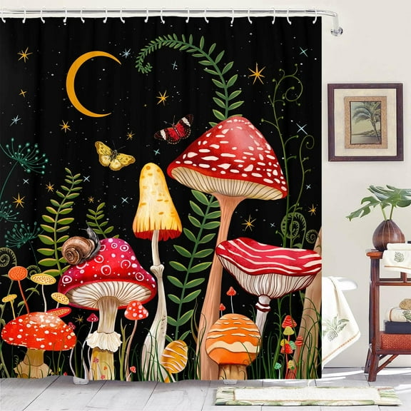 Mushroom Shower Curtain Set Black and Red Floral Butterfly Waterproof Fabric Bathroom Shower Curtains Aesthetic Moon Flower Plant Bath Curtain Decor with Hooks (72'''' × 72'''', Black)