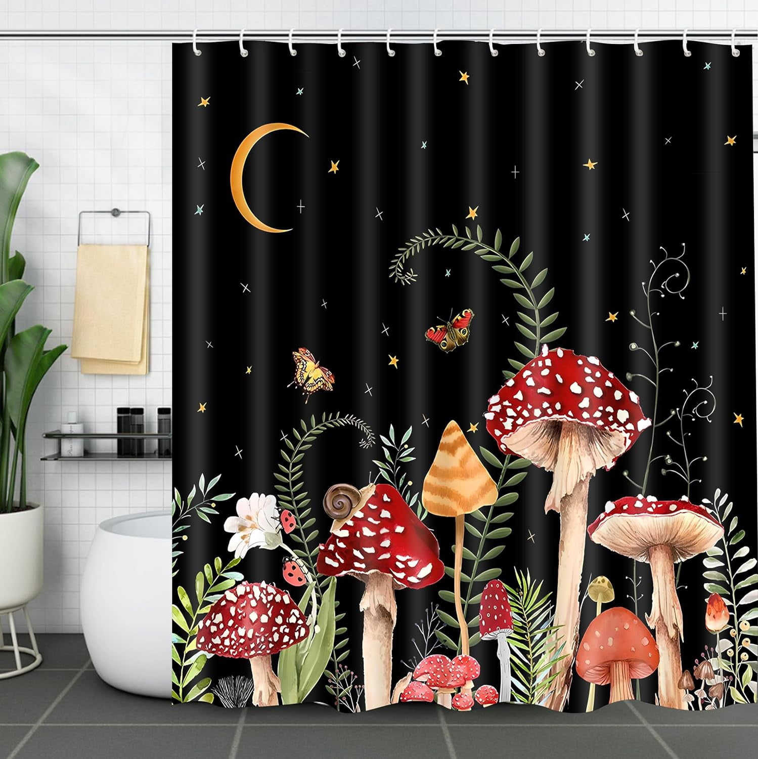 Mushroom Shower Curtain Set Black and Red Mushrooms Butterfly Floral