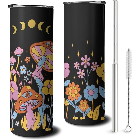 Mushroom Skinny Tumbler With Straw and Lid, Stainless Steel 20oz Coffee Travel Mug, Cute Moon and Mushroom Cups for Mushroom Lovers Gifts for Women and Girls