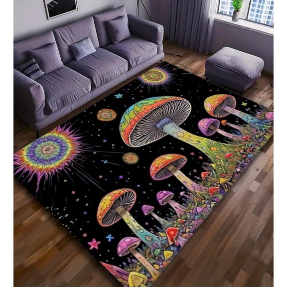 Mushroom Skull Area Rug,5x7ft,Plant Purple Mushroom Carpet, Modern Gothic Hippie Horror Rug,Non-Slip Washable Rugs for Living Room Bedroom Playroom Halloween Decor Rug