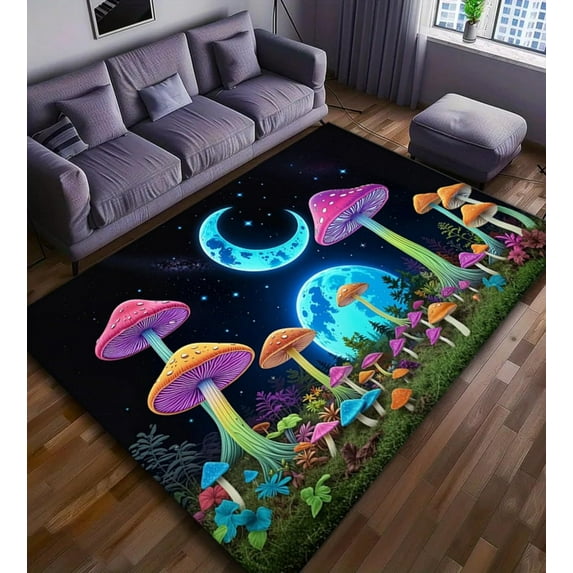 Mushroom Skull Area Rug,5x7ft,Plant Purple Mushroom Carpet, Modern Gothic Hippie Horror Rug,Non-Slip Washable Rugs for Living Room Bedroom Playroom Halloween Decor Rug