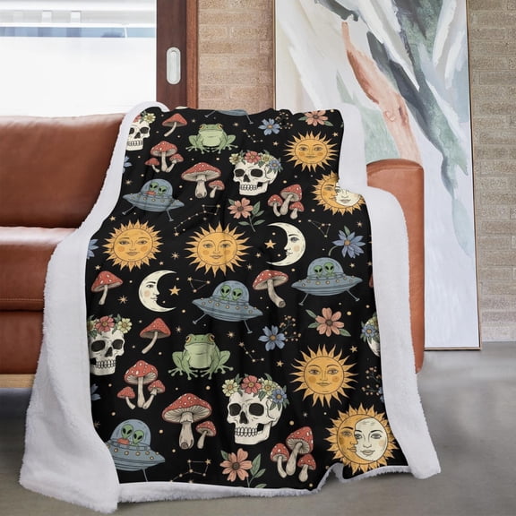 Mushroom and Skull Black Pattern Sherpa Fleece Throw Blanket,Soft Plush,Warm,All Season,Cozy Fuzzy Lamb Fleece Blanket for Sofa Bed Couch Living Room Chair,60“x80"