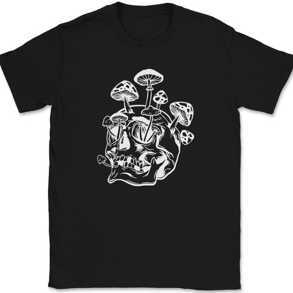 Mushroom Skull T-Shirt Trippy Halloween Fall Skull Witch Spooky Tee - Black, XL