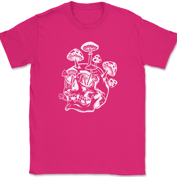 Mushroom Skull T-Shirt Trippy Halloween Fall Skull Witch Spooky Tee - Pink, L