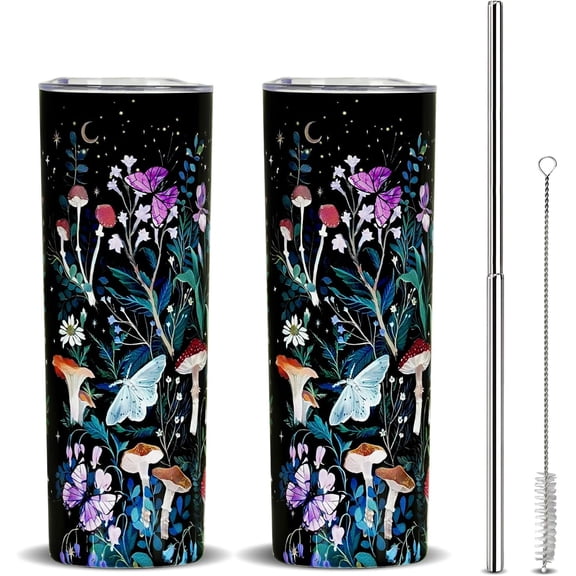 Mushroom Slim Tumblers with Lid and Straw - 20oz Reuse Stainless Steel Insulated Travel Mushroom Skinny Cup, Mushroom Mug, Gifts for Mushroom Lovers, Mushroom Decor