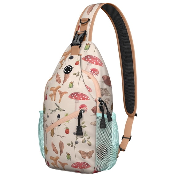 Mushroom Sling Backpack, Boho Crossbody Bag with Vintage Mushroom Print, Psychedelic Forest Fungi Design, Whimsical Cottagecore and Fairy Tale Vibes