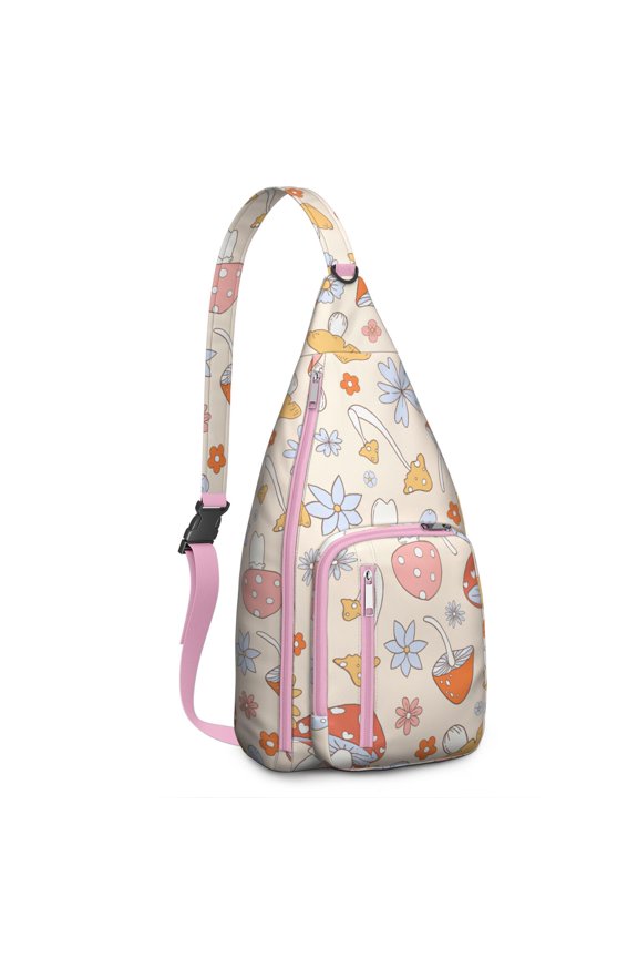 Mushroom Sling Backpack – Fairycore Cottagecore Crossbody Bag with Vintage Fungi Print, Psychedelic Boho Daypack for Witchy Aesthetic, Hiking, and Everyday Magic