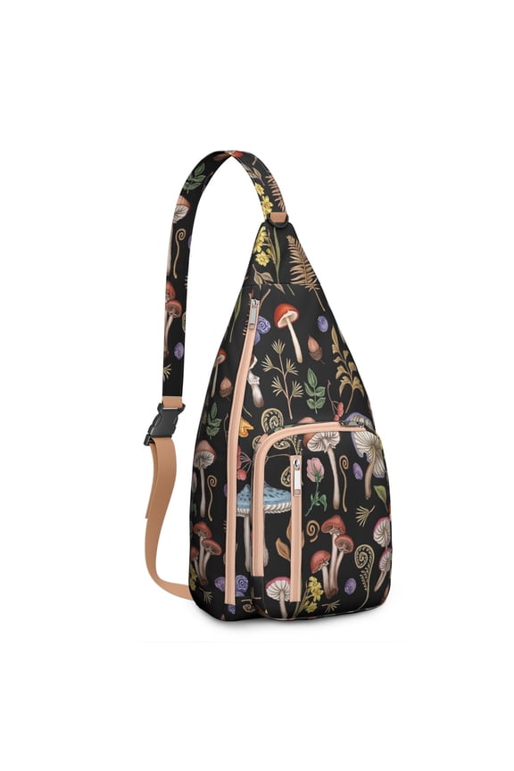 Mushroom Sling Backpack – Fairycore Cottagecore Crossbody Bag with Vintage Fungi Print, Psychedelic Boho Daypack for Witchy Aesthetic, Hiking, and Everyday Magic