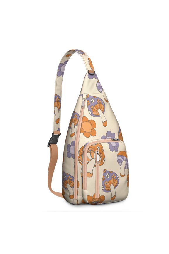 Mushroom Sling Backpack – Fairycore Cottagecore Crossbody Bag with Vintage Fungi Print, Psychedelic Boho Daypack for Witchy Aesthetic, Hiking, and Everyday Magic