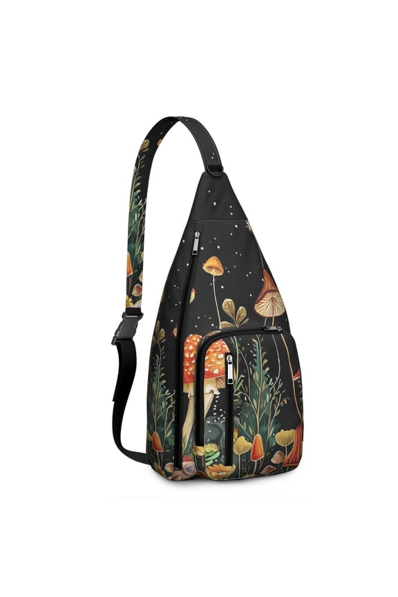 Mushroom Sling Backpack – Fairycore Cottagecore Crossbody Bag with Vintage Fungi Print, Psychedelic Boho Daypack for Witchy Aesthetic, Hiking, and Everyday Magic