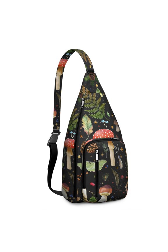 Mushroom Sling Backpack – Fairycore Cottagecore Crossbody Bag with Vintage Fungi Print, Psychedelic Boho Daypack for Witchy Aesthetic, Hiking, and Everyday Magic