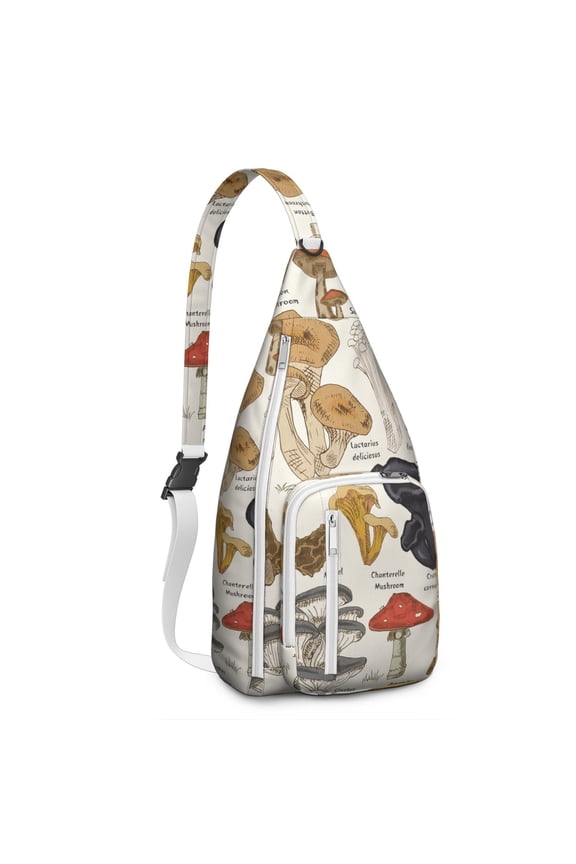 Mushroom Sling Backpack – Fairycore Cottagecore Crossbody Bag with Vintage Fungi Print, Psychedelic Boho Daypack for Witchy Aesthetic, Hiking, and Everyday Magic
