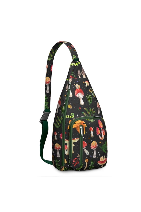 Mushroom Sling Backpack – Fairycore Cottagecore Crossbody Bag with Vintage Fungi Print, Psychedelic Boho Daypack for Witchy Aesthetic, Hiking, and Everyday Magic