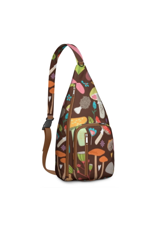 Mushroom Sling Backpack – Fairycore Cottagecore Crossbody Bag with Vintage Fungi Print, Psychedelic Boho Daypack for Witchy Aesthetic, Hiking, and Everyday Magic