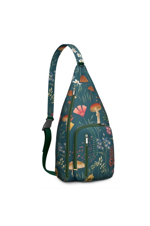 Mushroom Sling Backpack – Fairycore Cottagecore Crossbody Bag with Vintage Fungi Print, Psychedelic Boho Daypack for Witchy Aesthetic, Hiking, and Everyday Magic