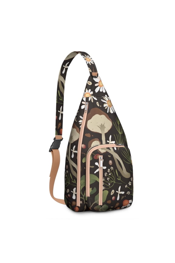 Mushroom Sling Backpack – Fairycore Cottagecore Crossbody Bag with Vintage Fungi Print, Psychedelic Boho Daypack for Witchy Aesthetic, Hiking, and Everyday Magic