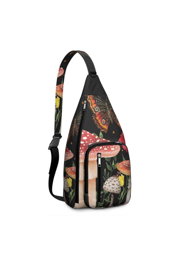 Mushroom Sling Backpack – Fairycore Cottagecore Crossbody Bag with Vintage Fungi Print, Psychedelic Boho Daypack for Witchy Aesthetic, Hiking, and Everyday Magic