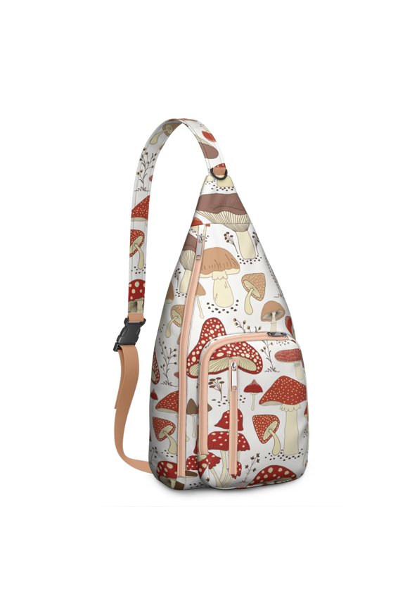 Mushroom Sling Backpack – Fairycore Cottagecore Crossbody Bag with Vintage Fungi Print, Psychedelic Boho Daypack for Witchy Aesthetic, Hiking, and Everyday Magic