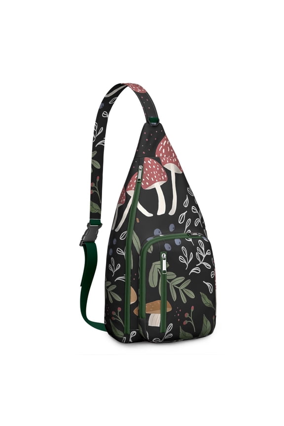 Mushroom Sling Backpack – Fairycore Cottagecore Crossbody Bag with Vintage Fungi Print, Psychedelic Boho Daypack for Witchy Aesthetic, Hiking, and Everyday Magic