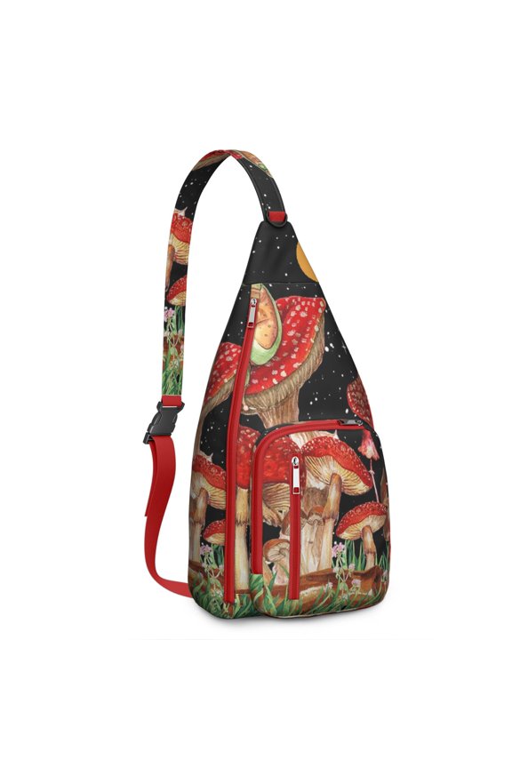 Mushroom Sling Backpack – Fairycore Cottagecore Crossbody Bag with Vintage Fungi Print, Psychedelic Boho Daypack for Witchy Aesthetic, Hiking, and Everyday Magic