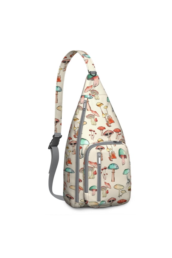 Mushroom Sling Backpack – Fairycore Cottagecore Crossbody Bag with Vintage Fungi Print, Psychedelic Boho Daypack for Witchy Aesthetic, Hiking, and Everyday Magic