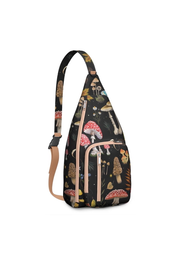 Mushroom Sling Backpack – Fairycore Cottagecore Crossbody Bag with Vintage Fungi Print, Psychedelic Boho Daypack for Witchy Aesthetic, Hiking, and Everyday Magic