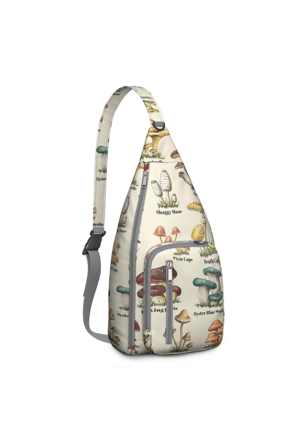 Mushroom Sling Backpack – Fairycore Cottagecore Crossbody Bag with Vintage Fungi Print, Psychedelic Boho Daypack for Witchy Aesthetic, Hiking, and Everyday Magic