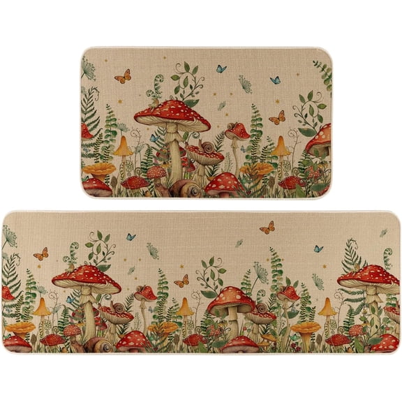 Mushroom Snail Kitchen Rugs Set of 2, Spring Summer Home Decor Low-Profile Kitchen Mats for Floor - 17x29 and 17x47 Inch