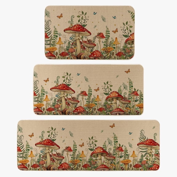 Mushroom Snail Kitchen Rugs Set of 3, Spring Summer Home Decor Low-Profile Kitchen Mats for Floor - 17"x29"+17"x36"+17"x47"
