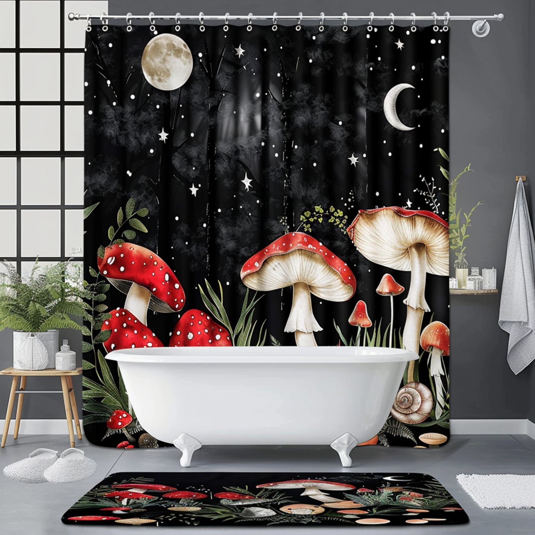 Mushroom Snail Moon Fantasy Shower Curtain Set Black Background