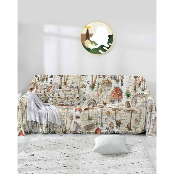 Mushroom Sofa Covers for 3 Cushion Couch,Washable Sectional & L Shape Couch Covers for Dog/Cat/Kid,Vintage Forest Aesthetic Colorful Plant Non Slip Sofa Slipcover Tassel Futon Cover 71''x150''