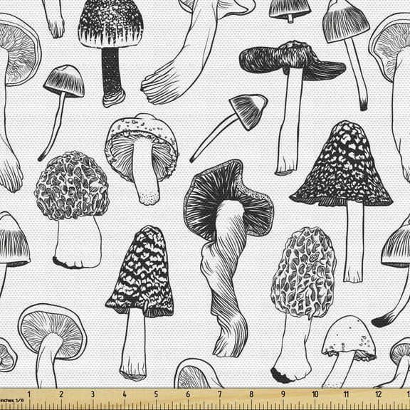 Ambesonne Mushroom Fabric by the Yard Upholstery, Sketchy Drawn Woodland, 10 Yards, Charcoal Grey and White