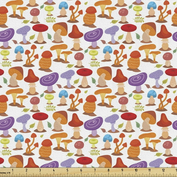 Mushroom Sofa Upholstery Fabric by the Yard, Various Woodland Elements Colorful Fungi and Leaves Healthy Harvest Season, Decorative Fabric for DIY and Home Accents, Multicolor by Ambesonne