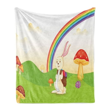 Mushroom Soft Flannel Fleece Blanket, Bunny with Easter Egg Under Rainbow Happy Rabbit in Nature Kids Theme Fun Design, Cozy Plush for Indoor and Outdoor Use, 70" x 90", Multicolor, by Ambesonne