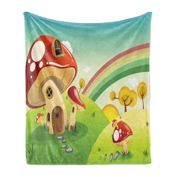 Mushroom Soft Flannel Fleece Blanket, Mushroom Fantasy House Steppingstone Farm Field After the Rain Outdoor Childhood, Cozy Plush for Indoor and Outdoor Use, 70" x 90", Multicolor, by Ambesonne