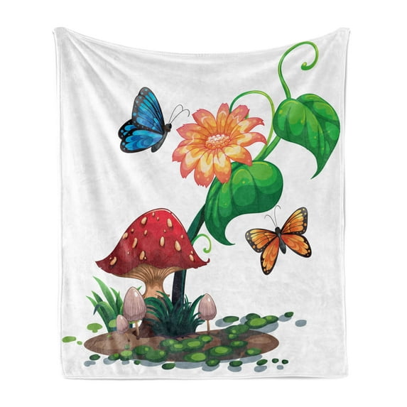 Mushroom Soft Flannel Fleece Blanket, Illustration of Flowering Plant Butterflies Vibrant Color Wings Creatures Universe, Cozy Plush for Indoor and Outdoor Use, 50" x 60", Multicolor, by Ambesonne
