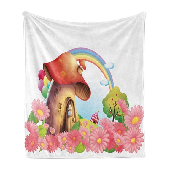 Mushroom Soft Flannel Fleece Blanket, Little Shroom House in Garden of Flowers Rainbow Fruit Trees Circus Tent Balloons, Cozy Plush for Indoor and Outdoor Use, 50" x 70", Multicolor, by Ambesonne