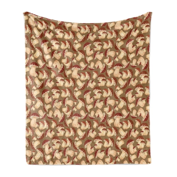 Mushroom Soft Flannel Fleece Blanket, Organic Food Porcini Mushroom with Vintage Grunge Display Harvest Farmland, Cozy Plush for Indoor and Outdoor Use, 70" x 90", Cocoa Brown Beige, by Ambesonne