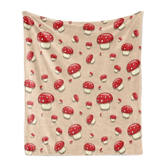 Mushroom Soft Flannel Fleece Throw Blanket, Amanita Toxic Mushroom Illustration Spotted Summer Season Woodland Forest, Cozy Plush for Indoor and Outdoor Use, 50" x 70", Ivory Red Tan, by Ambesonne