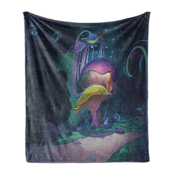Mushroom Soft Flannel Fleece Throw Blanket, Big Plant in Fairytale Forest at Midnight Children Book Design Wonderland, Cozy Plush for Indoor and Outdoor Use, 60" x 80", Multicolor, by Ambesonne