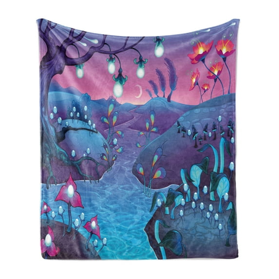 Mushroom Soft Flannel Fleece Throw Blanket, Cartoon Style Fantasy Nocturnal Landscape with the River Mushrooms and Trees, Cozy Plush for Indoor and Outdoor Use, 50" x 70", Blue Fuchsia, by Ambesonne