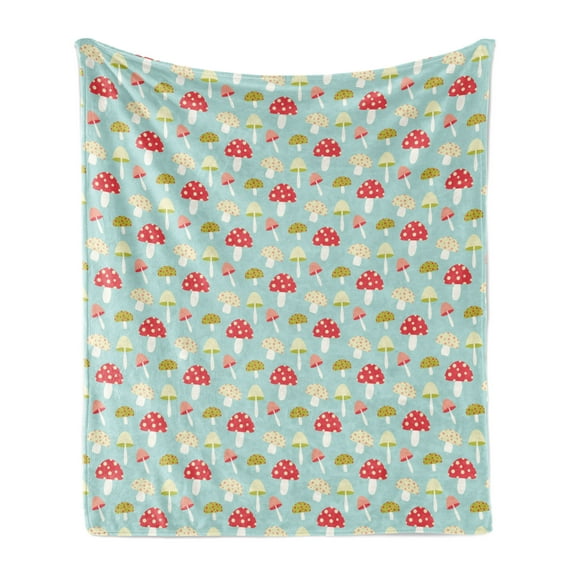 Mushroom Soft Flannel Fleece Throw Blanket, Cartoon Style Polka Dotted Elements Pattern, Cozy Plush for Indoor and Outdoor Use, 70" x 90", Pale Teal Coral Cream, by Ambesonne