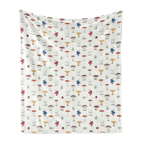 Mushroom Soft Flannel Fleece Throw Blanket, Chanterelles Button and Wild Fungus Repeating Pattern with Berries and Leaves, Cozy Plush for Indoor and Outdoor Use, 70" x 90", Multicolor, by Ambesonne